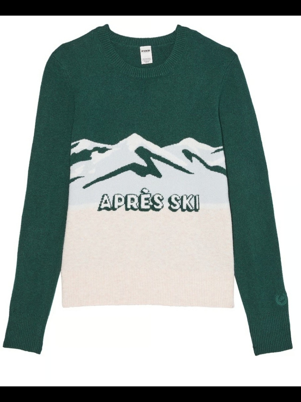 PINK Victoria's Secret Green & Cream 'Après Ski' Crewneck Sweater LARGE NWT - Picture 4 of 5